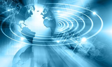 Global iş dünyasının en iyi internet kavramı. Küre, teknolojik arka planda parlayan çizgiler. Elektronik, Wi-Fi, ışınları, sembolleri İnternet, televizyon, mobil ve uydu iletişimi