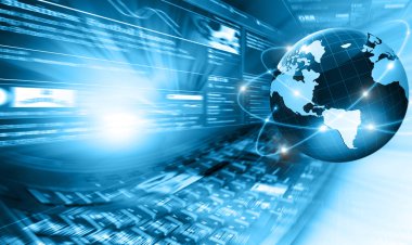 Global iş dünyasının en iyi internet kavramı. Küre, teknolojik arka planda parlayan çizgiler. Elektronik, Wi-Fi, ışınları, sembolleri İnternet, televizyon, mobil ve uydu iletişimi