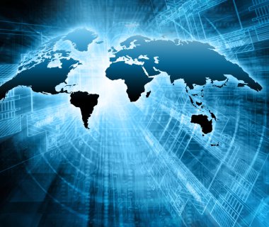 Dünya Haritası üzerinde teknolojik bir arka plan, parlak çizgiler semboller Internet, radyo, televizyon, telefon ve uydu iletişim.