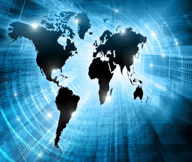 Dünya Haritası üzerinde teknolojik bir arka plan, parlak çizgiler semboller Internet, radyo, televizyon, telefon ve uydu iletişim.