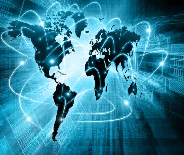 Dünya Haritası üzerinde teknolojik bir arka plan, parlak çizgiler semboller Internet, radyo, televizyon, telefon ve uydu iletişim.