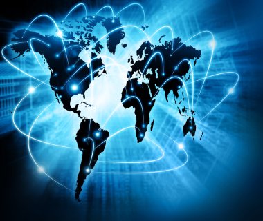 Dünya Haritası üzerinde teknolojik bir arka plan, parlak çizgiler semboller Internet, radyo, televizyon, telefon ve uydu iletişim.