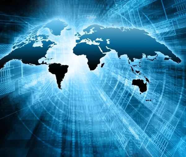 Mapa del mundo sobre un fondo tecnológico, líneas luminosas símbolos de Internet, radio, televisión, comunicaciones móviles y por satélite . — Foto de Stock