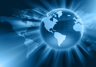 Global iş dünyasının en iyi internet kavramı. Küre, teknolojik arka planda parlayan çizgiler. Elektronik, Wi-Fi, ışınları, sembolleri İnternet, televizyon, mobil ve uydu iletişimi