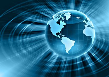 Global iş dünyasının en iyi internet kavramı. Küre, teknolojik arka planda parlayan çizgiler. Elektronik, Wi-Fi, ışınları, sembolleri İnternet, televizyon, mobil ve uydu iletişimi