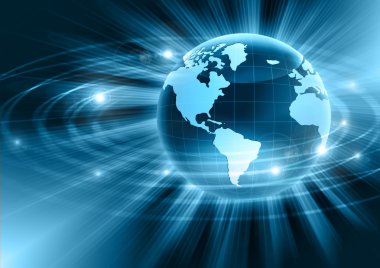 Global iş dünyasının en iyi internet kavramı. Küre, teknolojik arka planda parlayan çizgiler. Elektronik, Wi-Fi, ışınları, sembolleri İnternet, televizyon, mobil ve uydu iletişimi