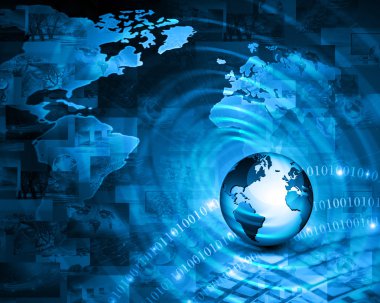 Global iş dünyasının en iyi internet kavramı. Küre, teknolojik arka planda parlayan çizgiler. Elektronik, Wi-Fi, ışınları, sembolleri İnternet, televizyon, mobil ve uydu iletişimi