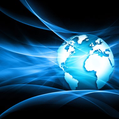 Global iş dünyasının en iyi internet kavramı. Küre, teknolojik arka planda parlayan çizgiler. Elektronik, Wi-Fi, ışınları, sembolleri İnternet, televizyon, mobil ve uydu iletişimi
