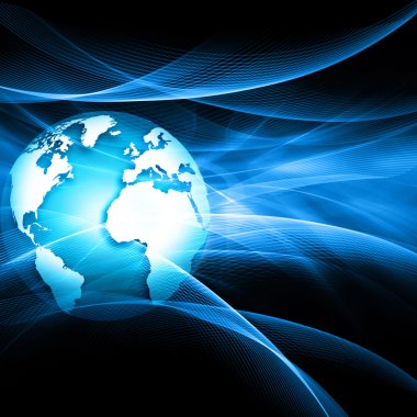 Global iş dünyasının en iyi internet kavramı. Küre, teknolojik arka planda parlayan çizgiler. Elektronik, Wi-Fi, ışınları, sembolleri İnternet, televizyon, mobil ve uydu iletişimi
