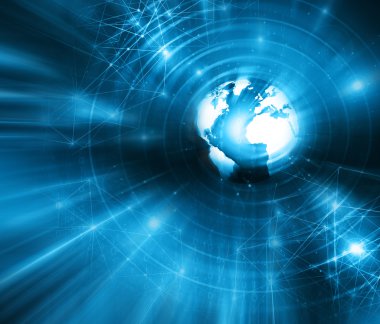 Global iş dünyasının en iyi internet kavramı. Küre, teknolojik arka planda parlayan çizgiler. Elektronik, Wi-Fi, ışınları, sembolleri İnternet, televizyon, mobil ve uydu iletişimi
