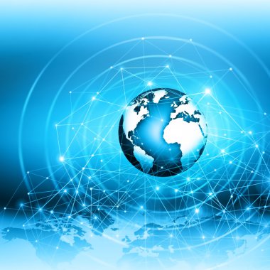 Global iş dünyasının en iyi internet kavramı. Küre, teknolojik arka planda parlayan çizgiler. Elektronik, Wi-Fi, ışınları, sembolleri İnternet, televizyon, mobil ve uydu iletişimi