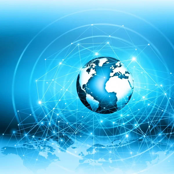 Global iş dünyasının en iyi internet kavramı. Küre, teknolojik arka planda parlayan çizgiler. Elektronik, Wi-Fi, ışınları, sembolleri İnternet, televizyon, mobil ve uydu iletişimi