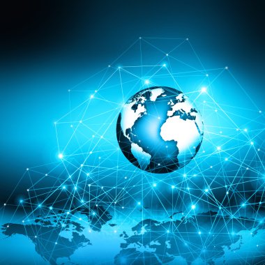 Global iş dünyasının en iyi internet kavramı. Küre, teknolojik arka planda parlayan çizgiler. Elektronik, Wi-Fi, ışınları, sembolleri İnternet, televizyon, mobil ve uydu iletişimi