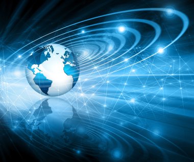 Global iş dünyasının en iyi internet kavramı. Küre, teknolojik arka planda parlayan çizgiler. Elektronik, Wi-Fi, ışınları, sembolleri İnternet, televizyon, mobil ve uydu iletişimi