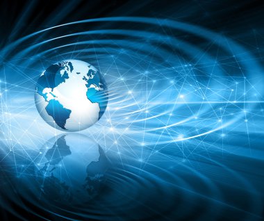 Global iş dünyasının en iyi internet kavramı. Küre, teknolojik arka planda parlayan çizgiler. Elektronik, Wi-Fi, ışınları, sembolleri İnternet, televizyon, mobil ve uydu iletişimi