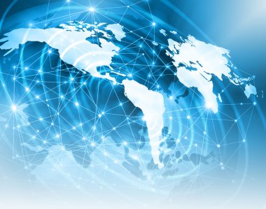 Dünya Haritası üzerinde teknolojik bir arka plan, parlak çizgiler semboller Internet, radyo, televizyon, telefon ve uydu iletişim.