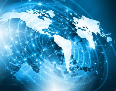 Dünya Haritası üzerinde teknolojik bir arka plan, parlak çizgiler semboller Internet, radyo, televizyon, telefon ve uydu iletişim.