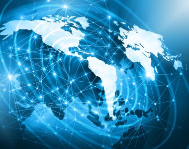 Dünya Haritası üzerinde teknolojik bir arka plan, parlak çizgiler semboller Internet, radyo, televizyon, telefon ve uydu iletişim.