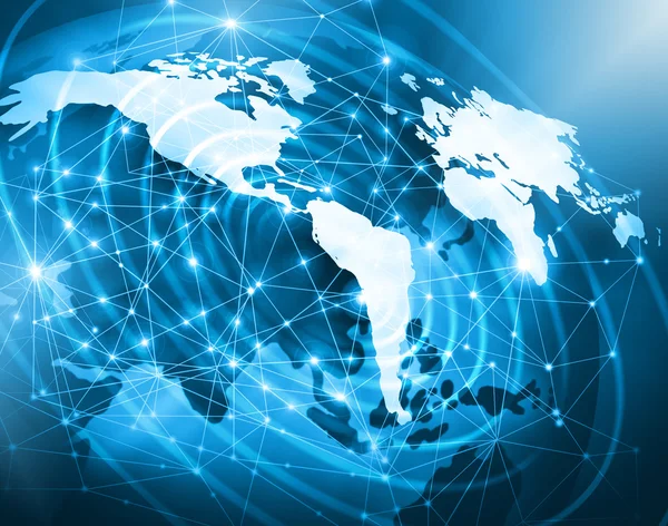 Mapa del mundo sobre un fondo tecnológico, líneas luminosas símbolos de Internet, radio, televisión, comunicaciones móviles y por satélite . — Foto de Stock