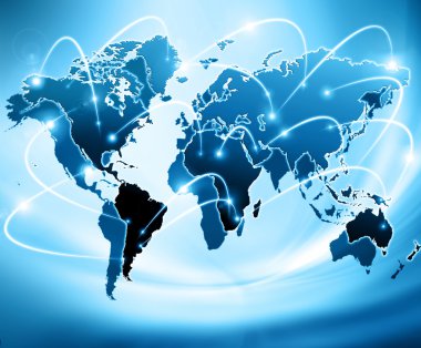 Global iş dünyasının en iyi internet kavramı. Küre, teknolojik arka planda parlayan çizgiler. Elektronik, Wi-Fi, ışınları, sembolleri İnternet, televizyon, mobil ve uydu iletişimi