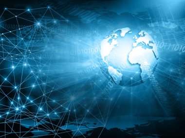 Global iş dünyasının en iyi internet kavramı. Küre, teknolojik arka planda parlayan çizgiler. Elektronik, Wi-Fi, ışınları, sembolleri İnternet, televizyon, mobil ve uydu iletişimi