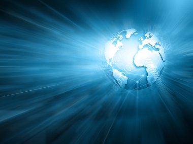 Global iş dünyasının en iyi internet kavramı. Küre, teknolojik arka planda parlayan çizgiler. Elektronik, Wi-Fi, ışınları, sembolleri İnternet, televizyon, mobil ve uydu iletişimi