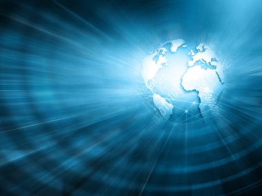 Global iş dünyasının en iyi internet kavramı. Küre, teknolojik arka planda parlayan çizgiler. Elektronik, Wi-Fi, ışınları, sembolleri İnternet, televizyon, mobil ve uydu iletişimi