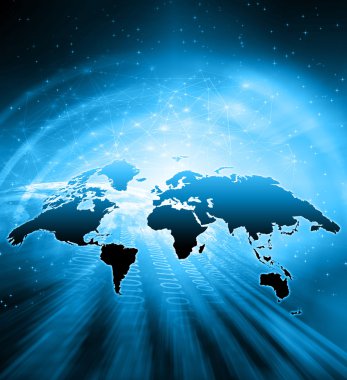 Dünya Haritası üzerinde teknolojik bir arka plan, parlak çizgiler semboller Internet, radyo, televizyon, telefon ve uydu iletişim.