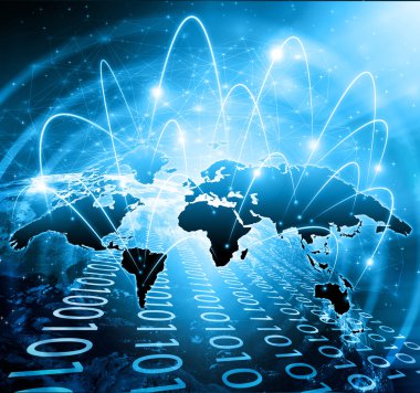 Dünya Haritası üzerinde teknolojik bir arka plan, parlak çizgiler semboller Internet, radyo, televizyon, telefon ve uydu iletişim.