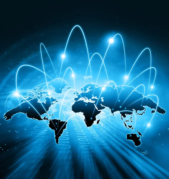 Mapa del mundo sobre un fondo tecnológico, líneas luminosas símbolos de Internet, radio, televisión, comunicaciones móviles y por satélite . — Foto de Stock