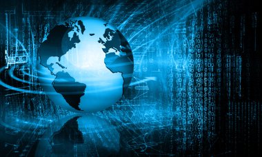 Global iş dünyasının en iyi internet kavramı. Küre, teknolojik arka planda parlayan çizgiler. Elektronik, Wi-Fi, ışınları, sembolleri İnternet, televizyon, mobil ve uydu iletişimi