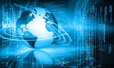 Global iş dünyasının en iyi internet kavramı. Küre, teknolojik arka planda parlayan çizgiler. Elektronik, Wi-Fi, ışınları, sembolleri İnternet, televizyon, mobil ve uydu iletişimi