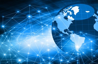 Global iş dünyasının en iyi internet kavramı. Küre, teknolojik arka planda parlayan çizgiler. Elektronik, Wi-Fi, ışınları, sembolleri İnternet, televizyon, mobil ve uydu iletişimi