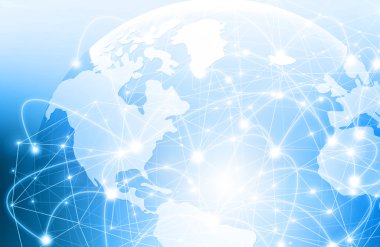Global iş dünyasının en iyi internet kavramı. Küre, teknolojik arka planda parlayan çizgiler. Elektronik, Wi-Fi, ışınları, sembolleri İnternet, televizyon, mobil ve uydu iletişimi