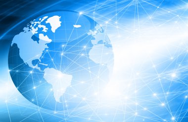 Global iş dünyasının en iyi internet kavramı. Küre, teknolojik arka planda parlayan çizgiler. Elektronik, Wi-Fi, ışınları, sembolleri İnternet, televizyon, mobil ve uydu iletişimi
