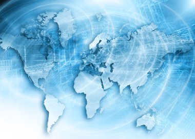 Dünya Haritası üzerinde teknolojik bir arka plan, parlak çizgiler semboller Internet, radyo, televizyon, telefon ve uydu iletişim.