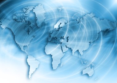 Dünya Haritası üzerinde teknolojik bir arka plan, parlak çizgiler semboller Internet, radyo, televizyon, telefon ve uydu iletişim.