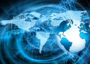 Global iş dünyasının en iyi internet kavramı. Küre, teknolojik arka planda parlayan çizgiler. Elektronik, Wi-Fi, ışınları, sembolleri İnternet, televizyon, mobil ve uydu iletişimi