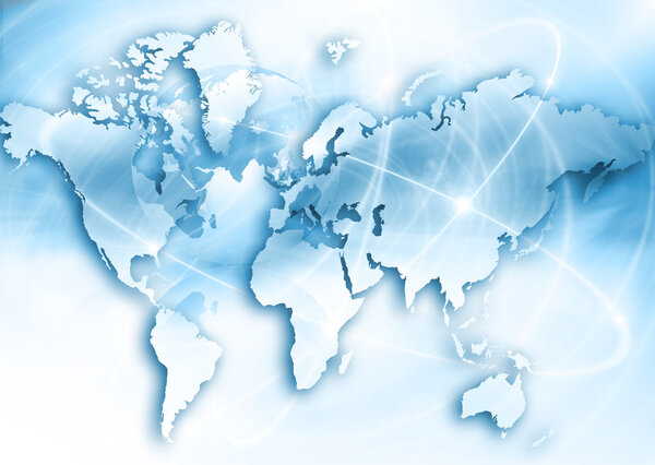 World map on a technological background, glowing lines symbols of the Internet, radio, television, mobile and satellite communications.