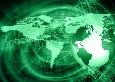 Dünya Haritası üzerinde teknolojik bir arka plan, parlak çizgiler semboller Internet, radyo, televizyon, telefon ve uydu iletişim.