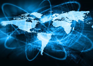 Dünya Haritası üzerinde teknolojik bir arka plan, parlak çizgiler semboller Internet, radyo, televizyon, telefon ve uydu iletişim.