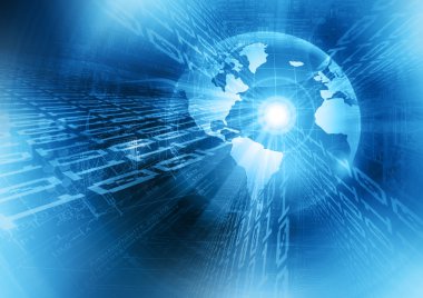 Global iş dünyasının en iyi internet kavramı. Küre, teknolojik arka planda parlayan çizgiler. Elektronik, Wi-Fi, ışınları, sembolleri İnternet, televizyon, mobil ve uydu iletişimi