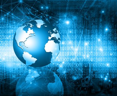 Global iş dünyasının en iyi internet kavramı. Küre, teknolojik arka planda parlayan çizgiler. Elektronik, Wi-Fi, ışınları, sembolleri İnternet, televizyon, mobil ve uydu iletişimi