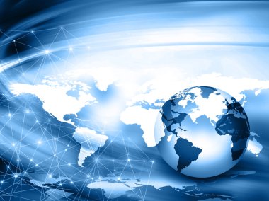 Global iş dünyasının en iyi internet kavramı. Küre, teknolojik arka planda parlayan çizgiler. Elektronik, Wi-Fi, ışınları, sembolleri İnternet, televizyon, mobil ve uydu iletişimi