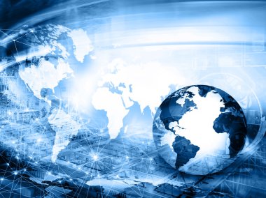 Global iş dünyasının en iyi internet kavramı. Küre, teknolojik arka planda parlayan çizgiler. Elektronik, Wi-Fi, ışınları, sembolleri İnternet, televizyon, mobil ve uydu iletişimi