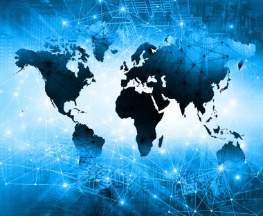 Dünya Haritası üzerinde teknolojik bir arka plan, parlak çizgiler semboller Internet, radyo, televizyon, telefon ve uydu iletişim.