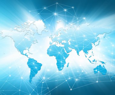 Dünya Haritası üzerinde teknolojik bir arka plan, parlak çizgiler semboller Internet, radyo, televizyon, telefon ve uydu iletişim.