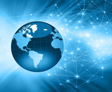 Global iş dünyasının en iyi internet kavramı. Küre, teknolojik arka planda parlayan çizgiler. Elektronik, Wi-Fi, ışınları, sembolleri İnternet, televizyon, mobil ve uydu iletişimi