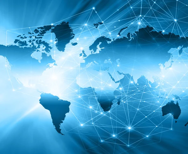 Weltkarte auf technologischem Hintergrund, leuchtende Linien Symbole des Internets, Radio, Fernsehen, Mobilfunk und Satellitenkommunikation. — Stockfoto