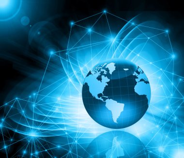 Global iş dünyasının en iyi internet kavramı. Küre, teknolojik arka planda parlayan çizgiler. Elektronik, Wi-Fi, ışınları, sembolleri İnternet, televizyon, mobil ve uydu iletişimi